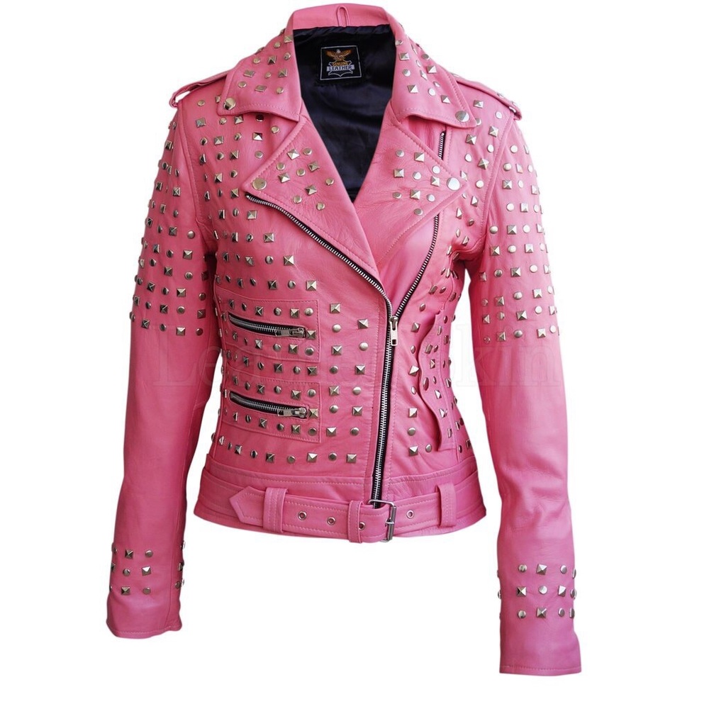 Women Pink Spike Studs Leather Jacket. Online only